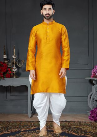 Yellow Woven Mens Dhoti Kurta In Silk