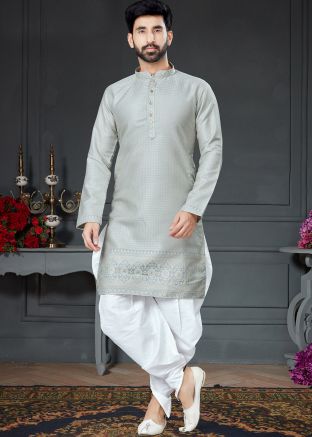 Grey Jacquard Silk Woven Dhoti Kurta For Men