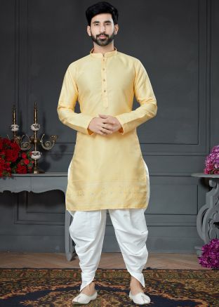 Yellow Readymade Dhoti Kurta With Woven Motifs