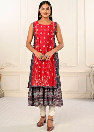 Purple & Red Twin Layered Printed Kurta