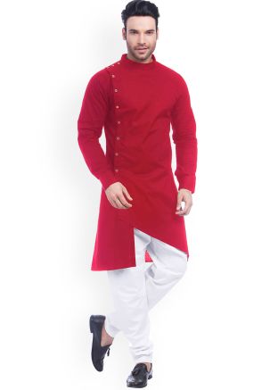 Red Asymmetric Style Mens Kurta With Pajama