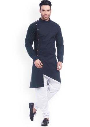 Readymade Mens Asymmetric Kurta Pajama In Navy Blue