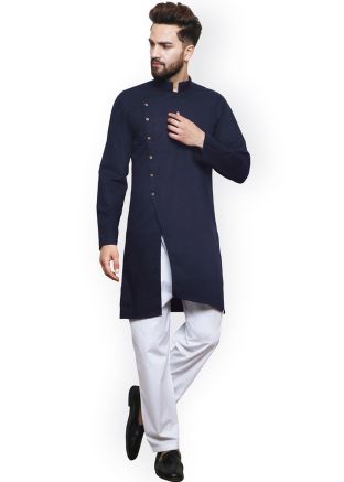 Navy Blue Mens Slitted Kurta Pajama Set