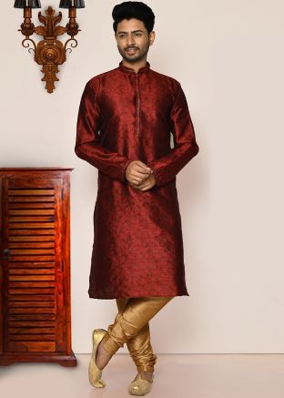 Maroon Brocade Kurta With Pajama