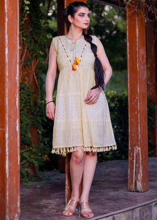 Off White Cotton Embroidered Dress