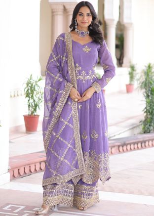 Lavender Chiffon Sharara Suit With Thread Embroidery