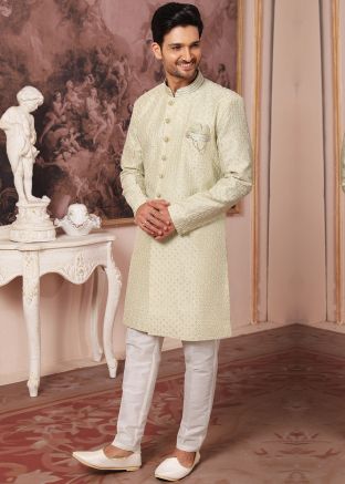 Mens Green Embroidered Indo Western Sherwani Set