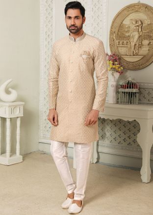 Beige Indo Western Sherwani In Thread Embroidery