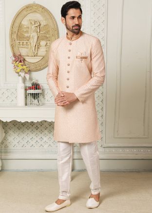 Cream Embroidered Indo Western Sherwani Set