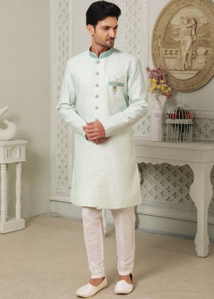 Cream Mens Embroidered Indo Western Sherwani