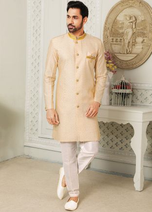 Mens Cream Embroidered Indo Western Sherwani Set