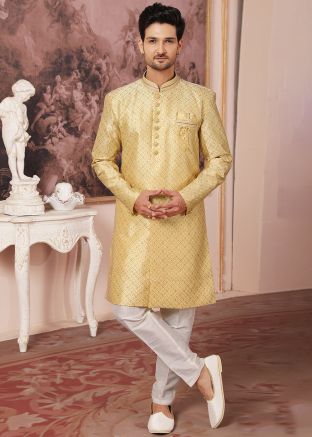 Yellow Embroidered Art Silk Indo Western Sherwani