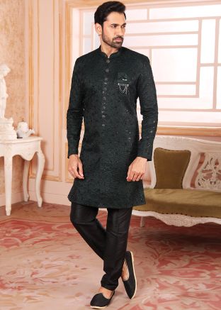 Green Embroidered Mens Indo Western Sherwani