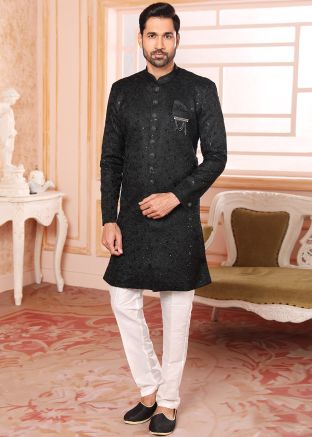 Black Embroidered Art Silk Indo Western Sherwani