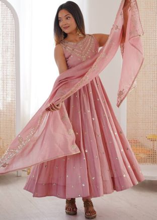 Dusty Pink Art Silk Anarkali Suit With Sequins