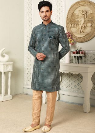 Green Embroidered Indo Western Sherwani Set