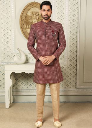 Maroon Indo Western Sherwani In Thread Embroidery
