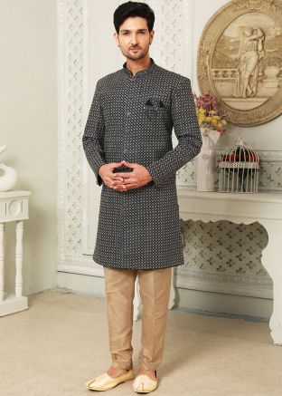 Blue Indo Western Sherwani In Thread Embroidery
