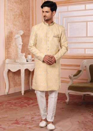 Yellow Embroidered Indo Western Sherwani In Art Silk