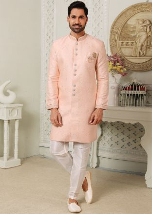 Peach Mens Embroidered Indo Western Sherwani