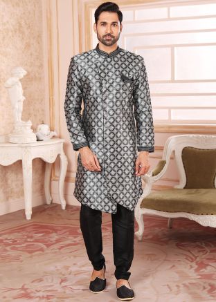 Black Embroidered Mens Indo Western Sherwani