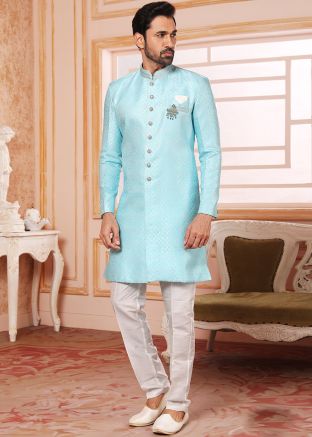 Readymade Blue Embroidered Indo Western Sherwani