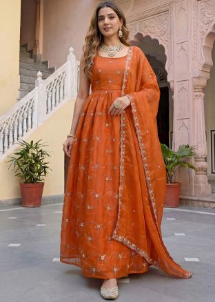 Rust Orange Art Silk Anarkali Suit With Sequins Work