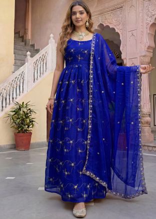 Royal Blue Art Silk Anarkali Suit With Resham Work