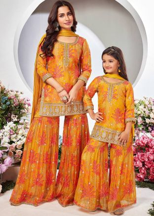 Yellow Georgette Mother Daughter Sharara Set