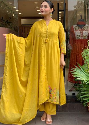 Mustard Yellow Chanderi Pant Suit With Thread Embroidery