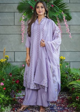 Lavender Cotton Palazzo Suit With Thread Embroidery
