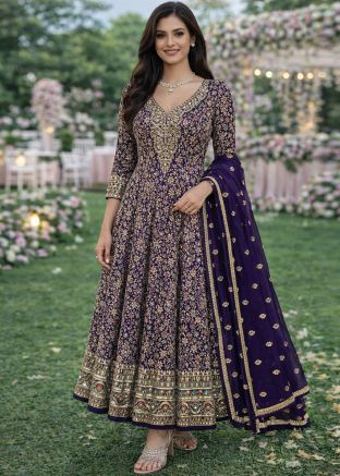 Purple Georgette Anarkali Suit With Zari Motifs