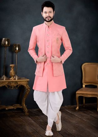 Pink Indo Western Sherwani With Dhoti