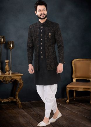 Black Silk Indo Western Sherwani Set