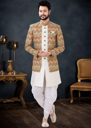 Cream Silk Indo Western Sherwani & Dhoti