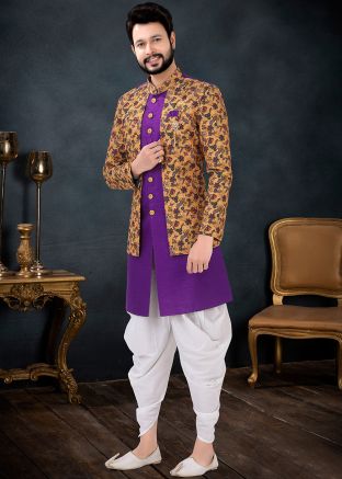 Purple Embroidered Indo Western Sherwani Set