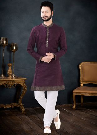 Puple Woven Kurta Pajama In Silk
