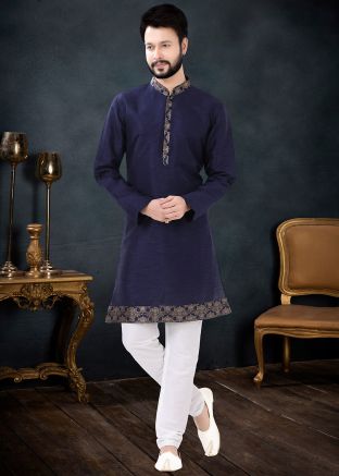 Blue Embroidered Kurta Pajama In Silk