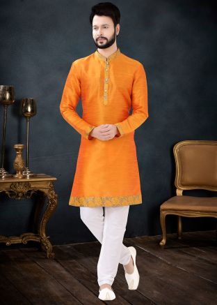 Yellow Woven Kurta Pajama In Silk