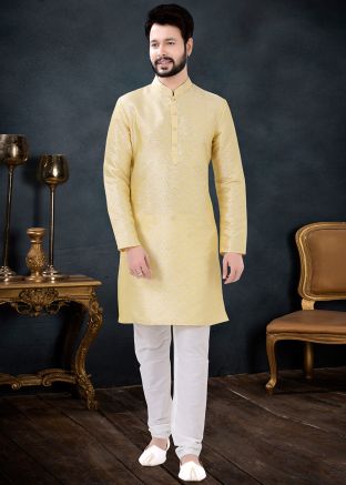 Yellow Woven Kurta Pajama In Jacquard