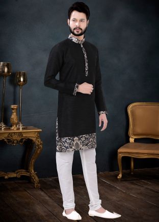 Black Printed Kurta Pajama In Silk