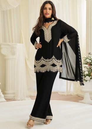 Black Georgette Pant Suit With Bead Embellishment
