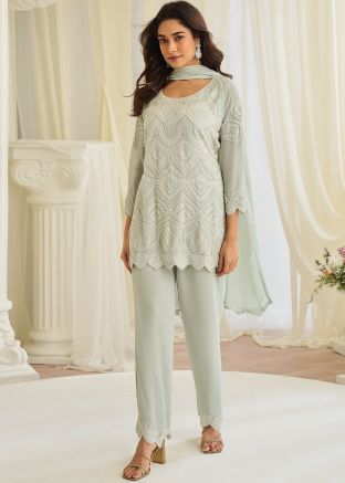 Mint Blue Georgette Pant Suit With Bead Work