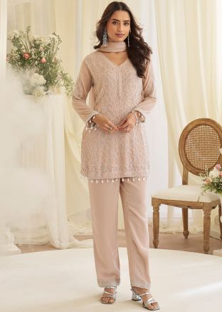 Peach Georgette Pant Suit With Cutbead Embroidery