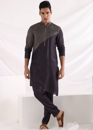 Black Silk Asymmetric Embroidered Kurta Pajama