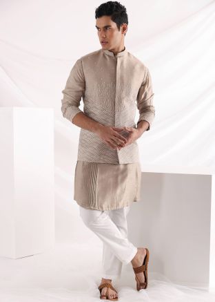 Readymade Beige Beads Work Kurta Pajama With Jacket