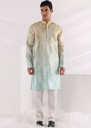Multicolor Printed Silk Kurta Pajama Set For Mens