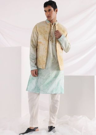 Multicolor Silk Kurta Pajama With Printed Jacket