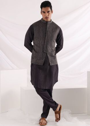 Black Mens Kurta Pajama With Embroidered Jacket