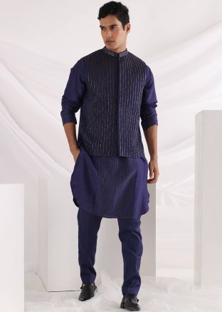 Blue Thread Embroidered Kurta Pajama With Nehru Jacket